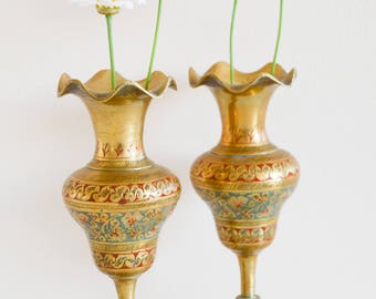 Pair of 2 Brass Vases Etched, Red Green Leaf, Antique, Ornate, Vintage Flower Bud, Home Decor Decorative , Etched Brass, Brass Ornate Vase