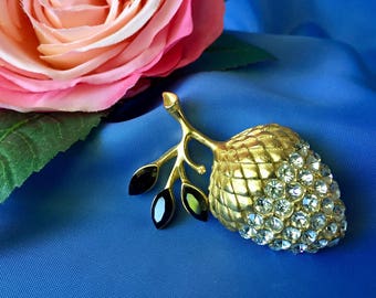 Vintage Rhinestone and Gold Tone Acorn Brooch, Vintage Acorn Brooch, Rhinestone Acorn Pin