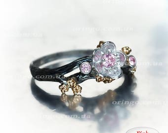 Flower ring Hanami cherry blossom Sterling Silver 925 romantic jewelry black rhodium plating gold plating