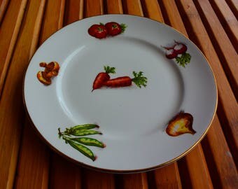 Lot De 6 Assiettes Plates Vintage Décor Légumes — Faïence, Diamètre 23 Cm, Première Moitié XXe