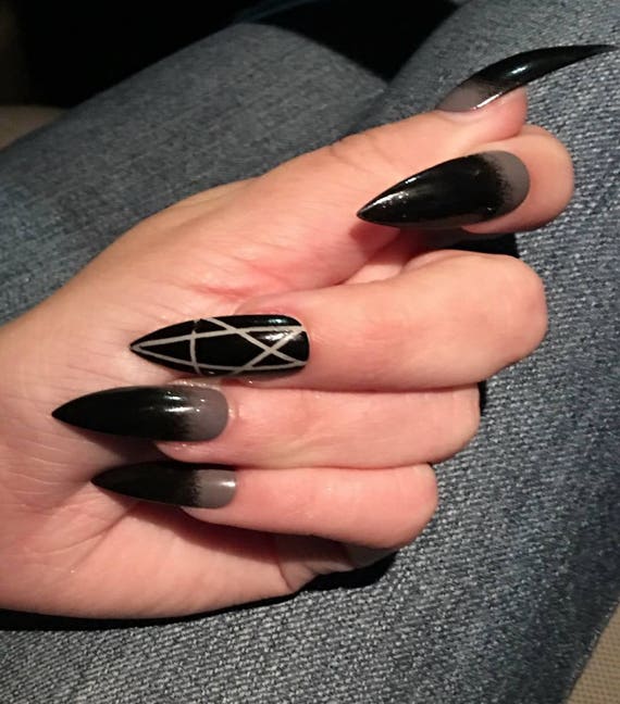 Gothic Gray & Black Pentagram Nails Stiletto Coffin Oval