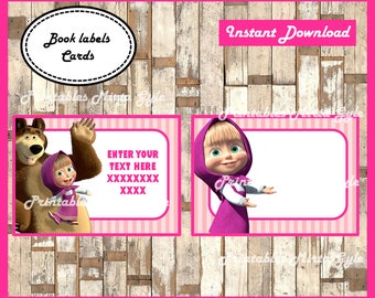 Masha and The Bear Printable Cards, tags, book labels, stickers, kids cards, gift tags, labeling, scrapbooking EDITABLE TEXT - TYPE