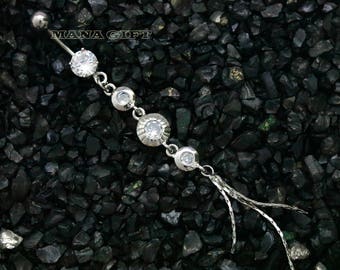 Clear Crystal Dangle Button Ring With Chain End, Surgical Steel Belly Ring, Silver Belly Button Ring, Crystal Dangle Navel Ring, BUHBJ 12C