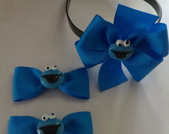 Cookie Monster headband bow Cookie Monster bows hair clips pigtails set cookie moster hair bow set Sesame Street toddler headband cookie