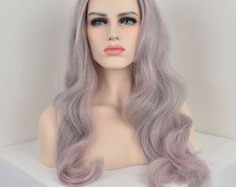 Pink and Grey balayage wavy synthetic wig with hand tied Swiss lace closure - heat resistant Japanese fiber -