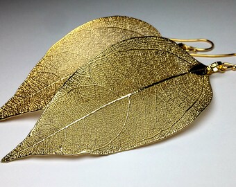Gold Leaf Earrings Long Dangle Earrings, Real Leaf Earrings, Autumn Wedding Earrings, Gold Earrings Natural Boho Earrings Statement Earrings