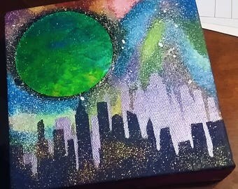 Foil Moon and Skyline Mixed Media & Acrylic on 6x6 Canvas