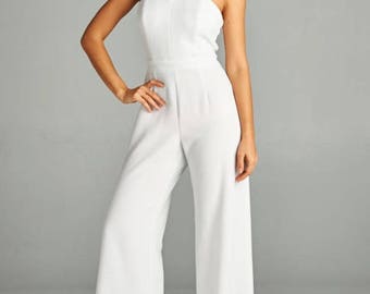 Women's White Double Knit Criss Cross Halter Jumpsuit/Bridal Jumpsuit/Bridesmaid Jumpsuit/Party Jumpsuit/Plus Sizes/Wedding Jumpsuit