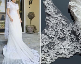 Off White Alencon Lace Trim Bridal Jacket Wedding Motif Wide Gowns Couture By The Yard AL 64 Off White Alencon Lace Trim Bridal Jacket Wedding Motif Wide Gowns Couture By The Yard AL 64