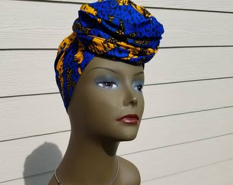 Blue & Yellow Head wrap;Blue African Headwrap; African Clothing; African Fabric Headwrap; African Scarf; Fabric Headwrap: Headwrap; Head tie
