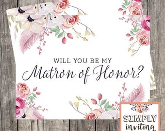 Will You Be My Matron of Honor, Bridal Party Ask Card, Printed Note Card, Wedding Party Card, Bridal Proposal Card, Floral Watercolor,