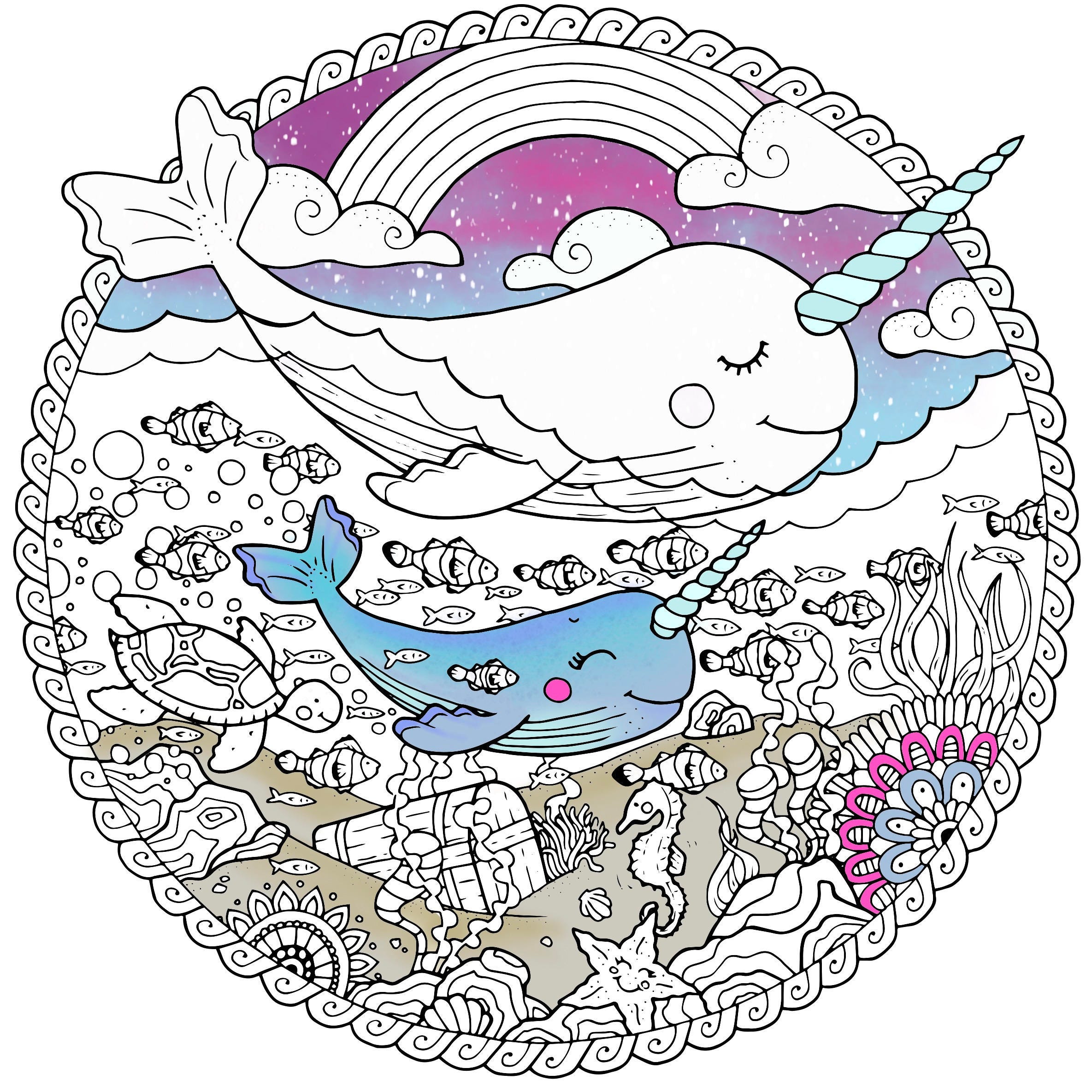 Narwhal coloring page for adults Sea life adult coloring
