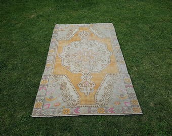4'5'' x 7'7'' Pastel Oushak Rug, Distressed Rug, Muted Color Worn Oushak Rug, Low Pile Turkish Rug, Vintage Oushak Rug, Carpet, Rug
