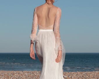Boho wedding dress, lace sleeves, long sleeve wedding dress, backless, bohemian wedding dress, rustic wedding - Silene & Sonella Two-piece