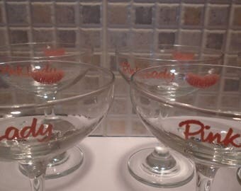 Six Rare Pink Lady Lipstick Cocktail Glasses