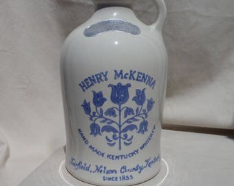 Vintage 1960's Henry McKenna 10" tall Half Gallon Stoneware (Empty) Whiskey Jug Bar Decor Blue and White