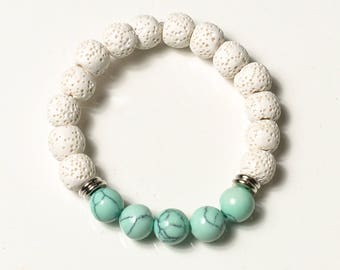 diffuser bracelet, essential oil bracelet, lava bead bracelet, white lava beads, bridetribe, gifts for her, turquoise bracelet
