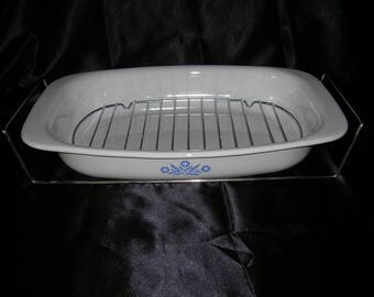 Vintage CORNING WARE Cornflower Blue P-21 Roaster with Metal Meat Rack and Carry Handle