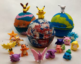 All Natural Homemade Pokemon Bath Bombs Party Favors Set with Toy Pokemon in every Bath Bomb Fizzy