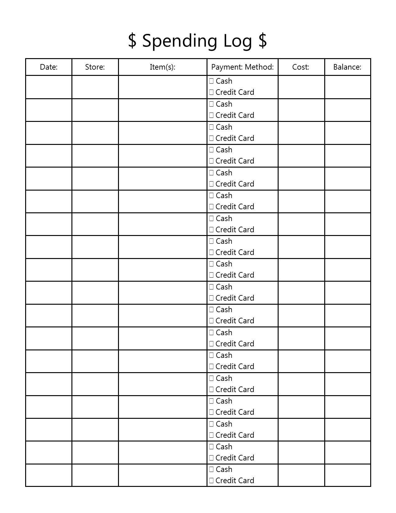 Printable Spending Log