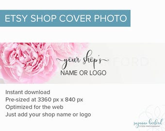 Pink Peony Flowers Etsy Cover Photo, New Large Etsy Shop Banner Stock Photograph, Premade Etsy Cover for Instant Download