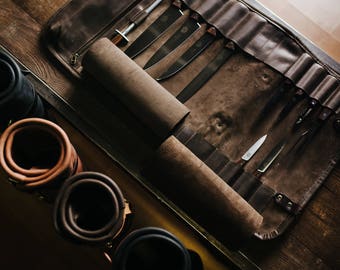 Leather knife roll Chefs roll by Kruk Garage Gifts for chef's Leather knife bag Knives storage Tool roll FREE PERSONALIZATION FREE shipping