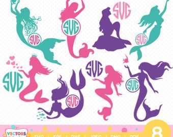 Mermaid SVG File Mermaid Monogram SVG, Mermaid SVG Monogram, Mermaid Party Shirts Decoration Silhouette Cut Files, Cameo Cricut Cut Files