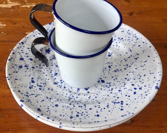 Blue and white speckled ceramic dishes