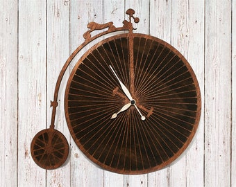 Penny Farthing - estilo Vintage transporte vehículo Hipster moda - enorme delantero rueda de bicicleta - grabado reloj de pared madera