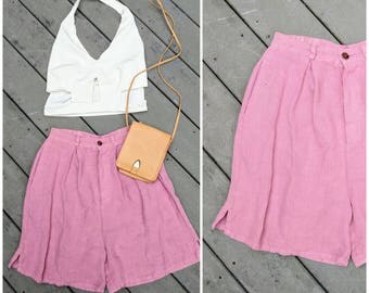 90's Vintage High Waisted Pink Linen Shorts, 27" Waist