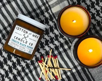 Tobacco Black Pepper Soy Candle | soy candles handmade | unisex scent | cognac musk | hand poured by Cotton and Wax Candle Co.