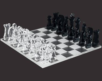 Mini chess game 33tlg. transparent acrylic clear and grey chessboard laser engraved