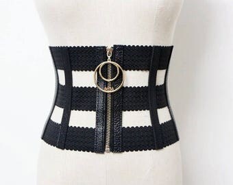 Waist Garter Corset Body Harness O ring Clincher Corset Punk Leather Elastic Waist Harness Elastic Wide Cummerbund Slimer Waist Belt Girdle