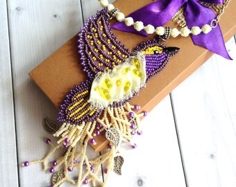 Lilac Bird necklace Sweet Birdy Jewelry for her Bird beadwork Lilac Yellow Jewelry Wife gift bird Shabby jewelry Boho necklace