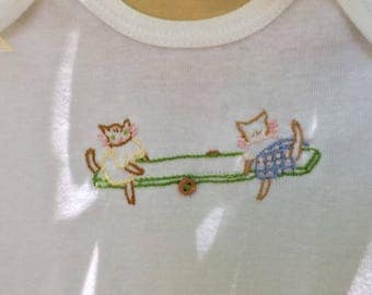Hand Embroidered Kitties on Teeter Totter 3-9 Month 100% cotton Onesie