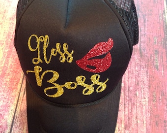 Gloss Boss Glitter Hat. LipSense Hat. Glitter Lip Hat. Custom Trucker Hat. Lip Snapback. Cap. Younique Hat. Gift for Her. Glitter Hat. Lips.