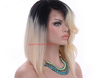 Remy Human Hair Wig, Full Lace Ombre Dip Dye Balayage 1b-Roots/Blonde-613 Silky Straight/wavy from 14"-24" Glueless Cap with Combs & Straps