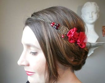 Headband flowers red silky chiffon-style Gatsby, early twenties, retro vintage.