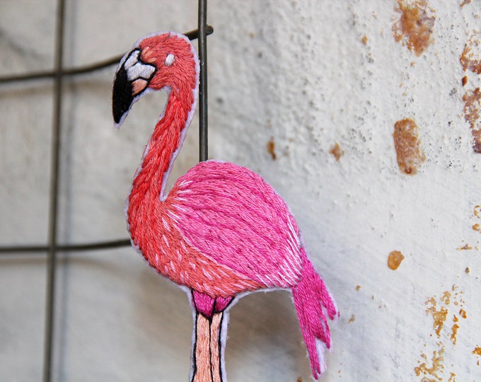 Embroidery flamingo brooch Party summer outdoors Bird lover Gift girlfriend idea Bird brooch Embroidered pin Flamingo Brooch mom gift bird