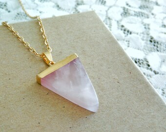 Rose Quartz Triangle Necklace, Rose Quartz Crystal Necklace, Pink Gemstone Necklace, Triangle Quartz Necklace, Quartz Crystal Necklace