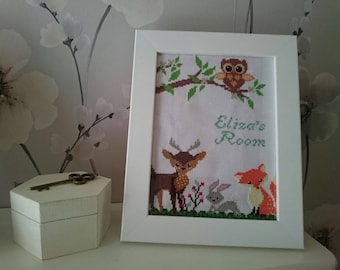 Personalised child/babies room cross stitch woodland scene