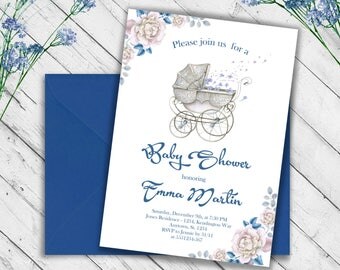 Roses Baby Shower Blue Invitation Baby Shower Invite Expecting Invitation Rustic Invitation Cradle Invitation Watercolor Invite Mother to be