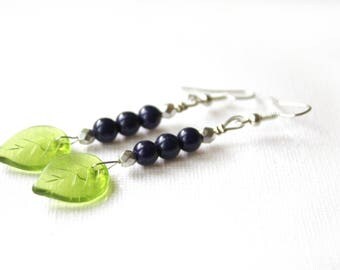 Earrings silver Midnight blue and green leaves