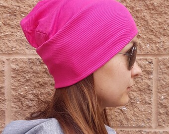 Beanie / Slouchy beanie / Ski beanie / Adult beanie / Fuchsia beanie / Gray hat / Adult knit hat / Сotton hat / Monochrome hat / Slouchy hat