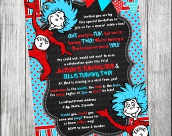 Thing 1 and Thing 2 Printable Twin Birthday Party Invitation