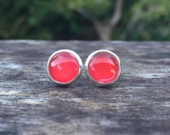 Bright sparkling red glass cabochon stud earrings