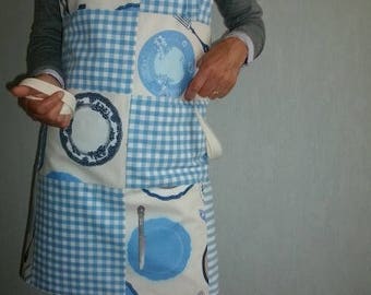 Apron patchwork blue gingham and plates