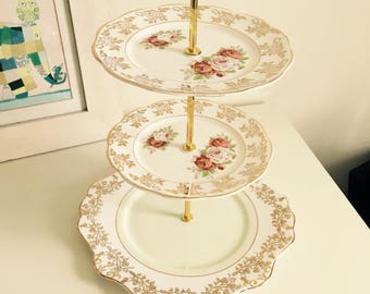 Vintage China 3 Tier Cake Stand, Floral, Gold, Zena