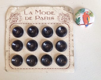 Old plate of 12 black buttons