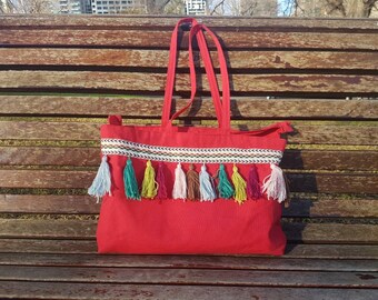 Medium Boho Tote Bag with Zipper